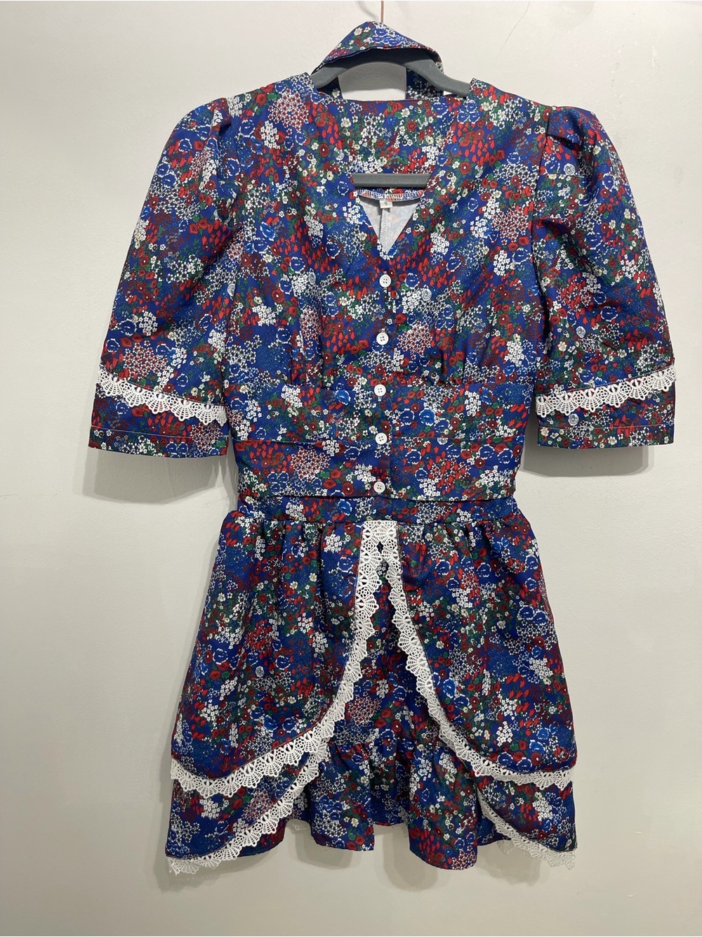 Girls' Blue Floral Lace-Trim Dress